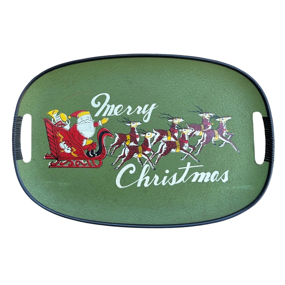 Vintage Merry Christmas Santa Reindeer Green Fiberglass Serving Tray MCM 17.5in